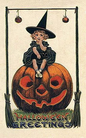 Vintage Halloween on Vintage Halloween Little Girl Witch Pumpkin Black Cat Card