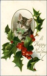 free vintage happy new year cards striped cat holly