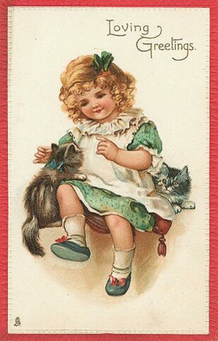 vintage birthday card little girl with two kittens