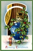 vintage-Christmas-card-blue-vase-brown-white-cat-holly