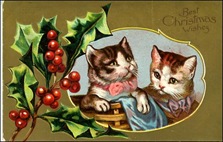 vintage-Christmas-card-two-striped-brown-cats-holly