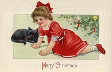 vintage-Victorian-Christmas-card-black-cat-little-girl-red-dress-Xmas-tree