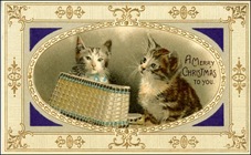 vintage-Victorian-two-striped-brown-cats-basket-gold-border