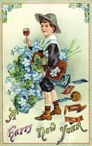 free vintage new year cards boy with wine four-leaf clovers money blue flowers