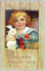free vintage Easter card little boy in sailor suit with white Easter bunny