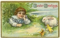 free vintage printable greeting card little boy with Easer bunnyand yellow baby chicks
