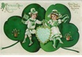 free vintage Saint Patricks Day greeting card with two kids dancing shamrocks