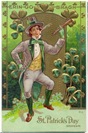 free vintage St. Patricks greeting card lad dancing with shamrocks