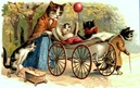 vintage cat art mother cat with kittens dressed with baby carriage