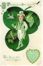 vintage Irish lad St. Patricks day greeting card with shamrocks birds and Irish flag