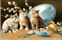 free vintage Easter clip art blue egg three tabby kittens and baby chick
