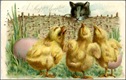 free vintage Easter clip art kitten cat and three yellow baby chicks
