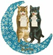 two vintage cats singing on crescent moon made of forget-me-nots